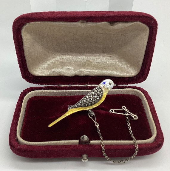 Fine Silver and Marcasite Enamel Yellow Budgerigar Canary Brooch Beautiful Art Deco Bird Jewellery Bird Lover Unisex Vintage Pin Sold Out