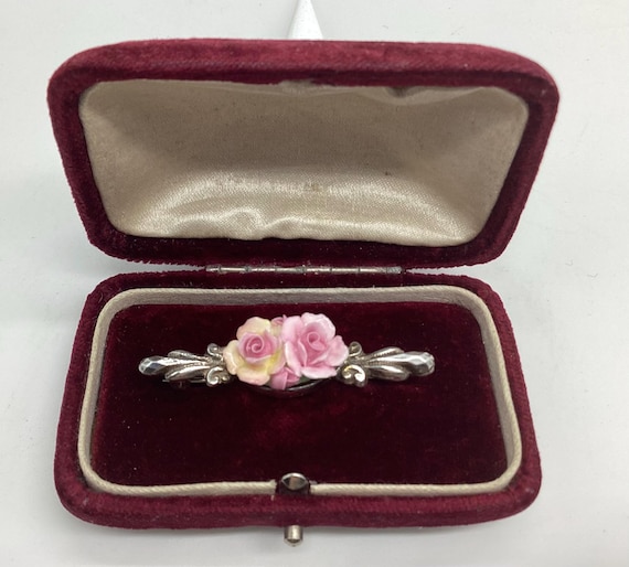 Ceramic Roses and Hallmarked Silver Vintage Bar Brooch