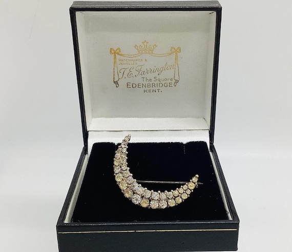 Victorian Crescent Moon Brooch Double Row of Old Cut Paste  Stones