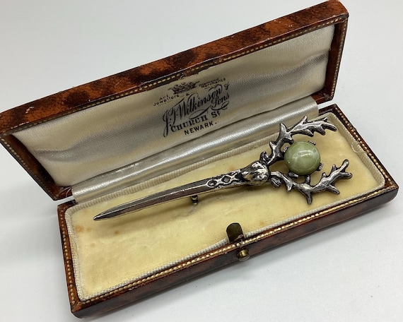 Celtic Dirk Brooch Stone Set in Scottish Stags Head Antlers Signed JACOBITE Collectable Jewellery