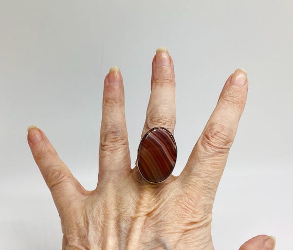 Large Banded Agate Ring C1975 Solid 925 Silver Sp… - image 2