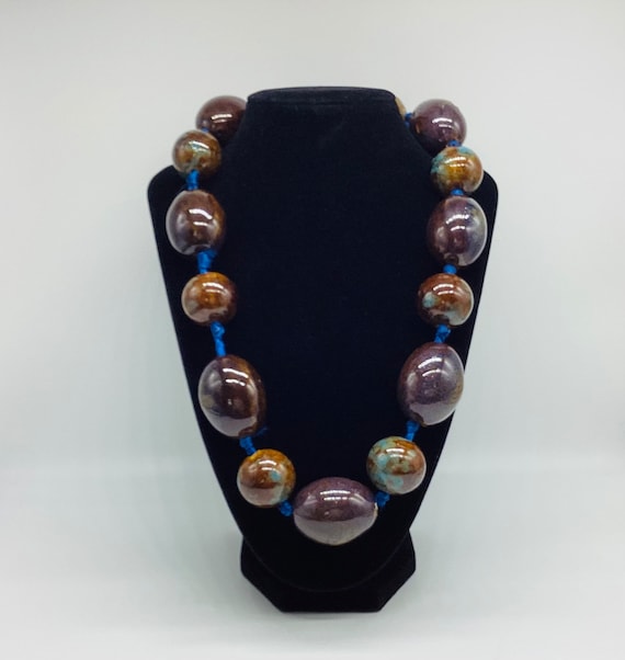 Huge Bead Necklace Ceramic Beads Graduated Ribbon Strung Mottled With Blue Ribbon Hand Crafted Art Jewellery