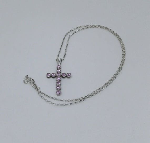 Silver 925 Crucifix with Eleven Pink Cubic Zirconia Crystals on a Pretty Chain. Christening Confirmation Birthday Gift for Her