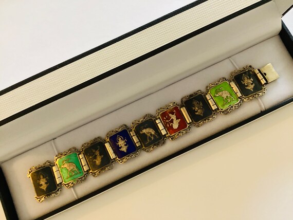 Siam Bracelet Vintage Colour Sterling Silver Enamel Niello Panel Thai Dancers