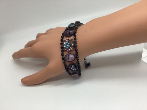 Crystal and Black Glass Floral Gothic Style Vintage Bracelet