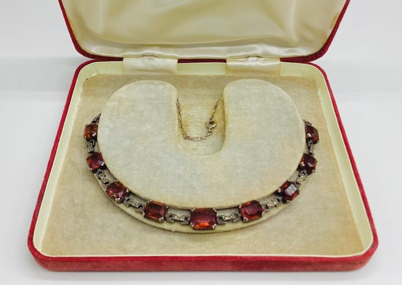 Silver Marcasite Riviere Necklace True Antique Period Art Deco Half Set  Faceted Flame Coloured Paste Stones