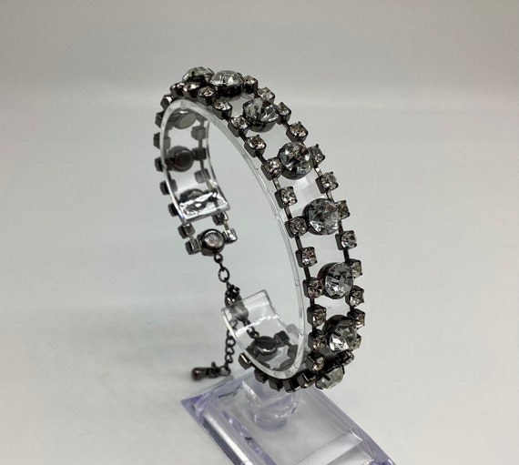 Rhinestone Crystal and Grey Metal Gothic Style Vintage Bracelet Three Row