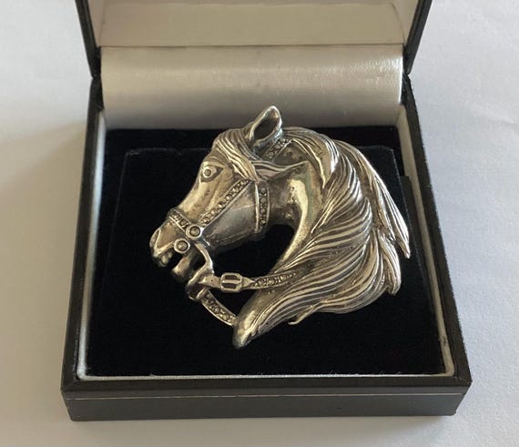 Large Silver Marcasite Horse Head Brooch Pin True Vintage 1950
