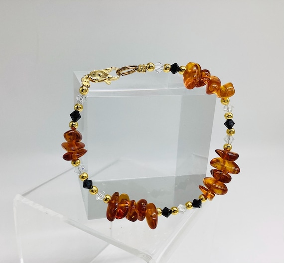 Dainty Amber Jet and Crystal Bracelet