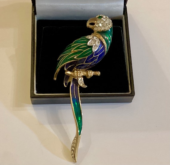 Attwood and Sawyer Brooch Rare Coloured Parrot Green Blue 22ct Plated Swarovski