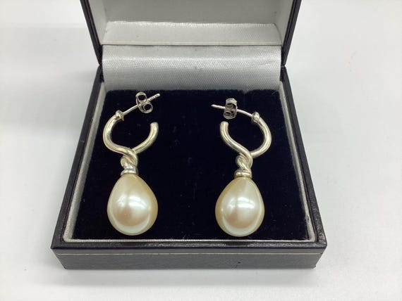 Champagne Pearl Peardrop Earrings Wedding Bridal June Birthday 925 Silver Gilt Vintage Jewellery