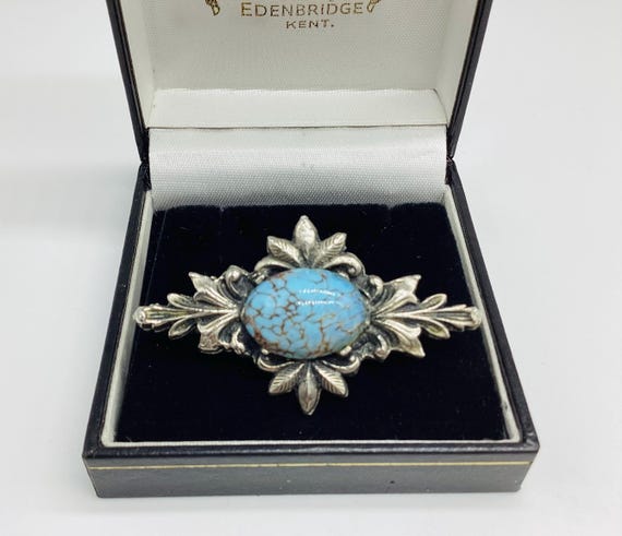 Elegant Vintage Czech Glass Brooch Faux Turquoise Set in Classic  Pewter Setting