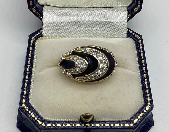 Attwood and Sawyer Domed Ring Black Enamel Swarovski Crystal 22ct Gold Plated Sophisticated Vintage Designer Signed Adjustable Size M 1/2