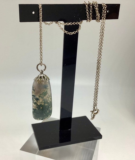 Polished Moss Agate Pendant Solid 925 Silver Chain