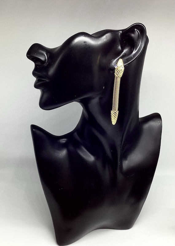 Long Drop Gold Tone Articulated Snake Earrings Crystal Clear Eyes