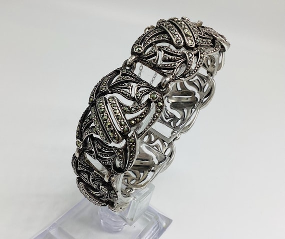 Edwardian Marcasite  Bracelet Solid Silver Six Panel 44 grams 7 Inches Fabulous Elaborate Design Safety Chain Boxed