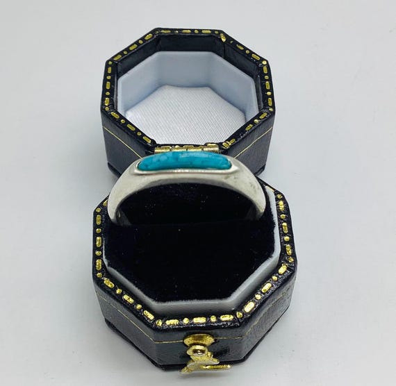 Native American Turquoise Solid Silver Ring Band Signed C J Carlisle