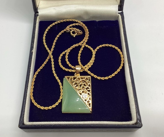 Jade Pendant Chain Love Token Gold Plated Crystal Set Vintage