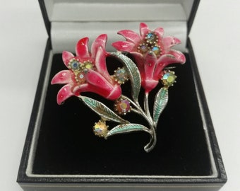 Vintage Carnation Flower Brooch in Deep Pink Enamel and Silver Plate Set with Aurora Crystals 1950's Retro Jewellery