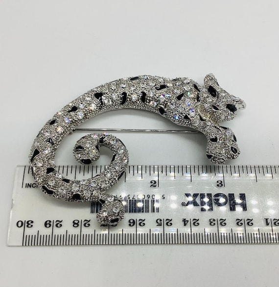 Huge Stylish Silver Tone Crystal Enamel  Leopard Brooch