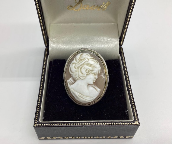 Vintage Silver Framed Shell Cameo Brooch 1940s Victorian Revival
