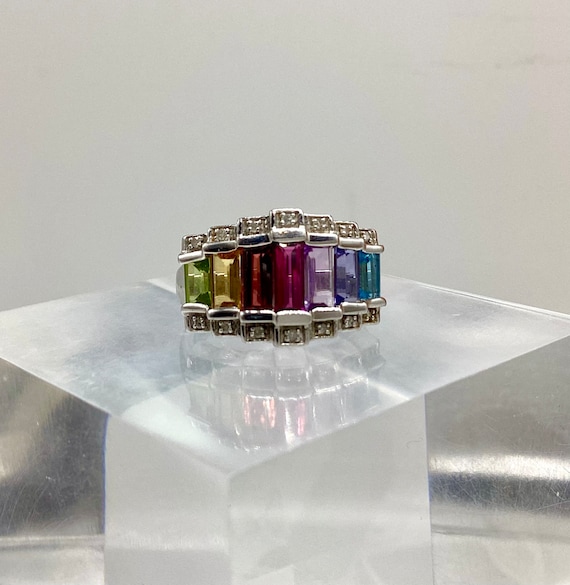 Multicolour Baguette Cut Gemstone Ring Solid 925 Silver Sparkling Jewellery UK Size N Size US 7