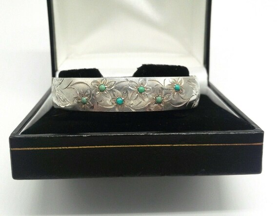 Natural Turquoise Full Hallmark Silver Bangle  Etched Flowers  Rigby & Wilson Birthday Gift December Birthstone 11th Wedding Anniversary