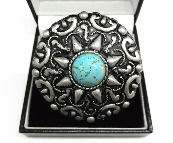 Large Turquoise Glass Embossed Shield Brooch December Birthday Vintage Jewellery December Birthday Birthstone 11th Anniversary