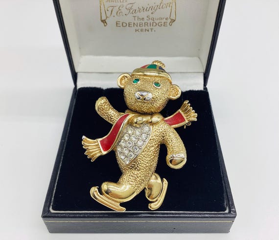 Rare Attwood and Sawyer Skating Teddy Bear Winter Swarovski Crystal 22ct Gold Plate Teddy Lover Signed Designer Vintage Jewellery