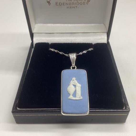 Vintage Wedgwood Blue Jasperware Pendant and Chain Oblong Cameo Sterling Silver 1960 Lady Antonia