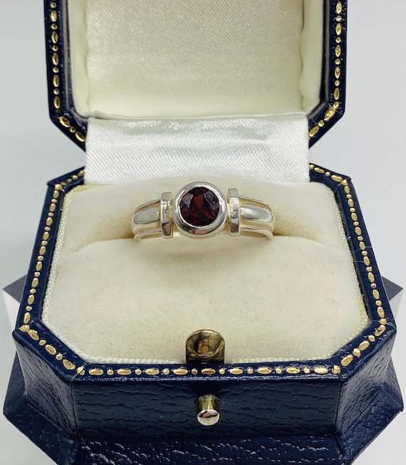 Faceted Garnet in a Pretty Stackable Band Silver Ring Size O 1/5