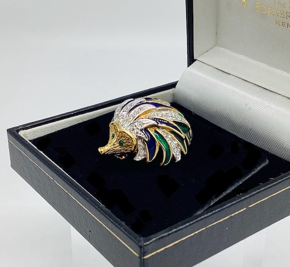 Attwood and Sawyer Dainty Crystal 22ct Gold Plated and Enamel Tiny Hedgehog Brooch