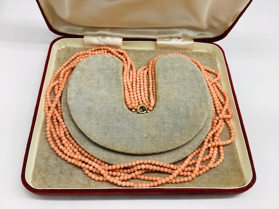 Rare Angel Skin Coral 5-Strand Necklace, 14ct Gold Plated Clasp, Matinee Length