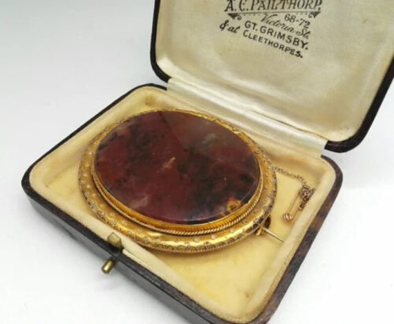 Huge Victorian Moss Agate and Pinchbeck Brooch Pin Antique Jewellery