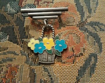 Vintage Art Deco Stamped Silver Enamel Flower Basket Brooch