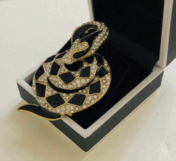 Vintage Attwood & Sawyer Snake Brooch: 22ct Gold Plated, Swarovski Crystal Black Enamel