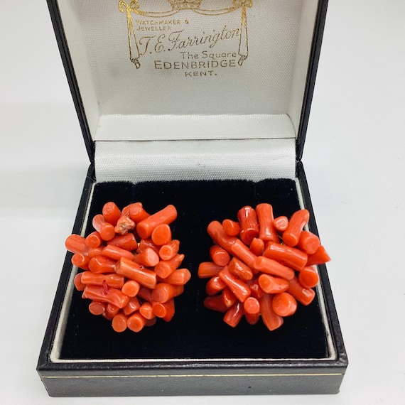 Vintage Red Polished Coral Clip On Earrings: 1950s Branch Coral