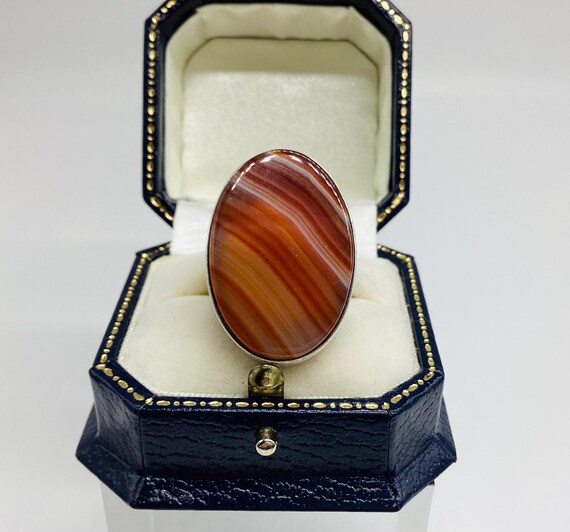 Large Banded Agate Ring C1975 Solid 925 Silver Sp… - image 4