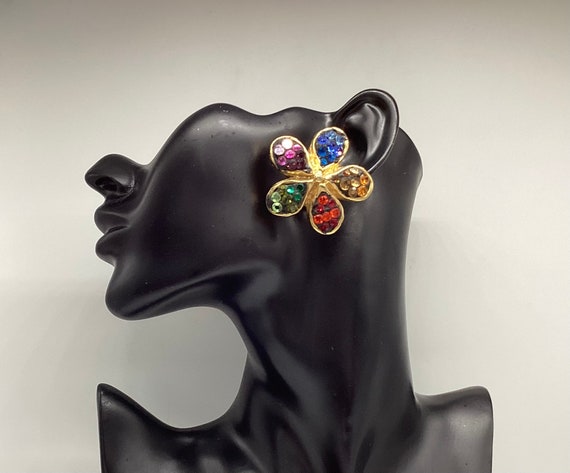 Jacky De G Huge Gold Tone Ornate Clip On Multicolour Crystal Studded Flower Earrings Signed Statement Avantgarde Glamour Couture Style Paris