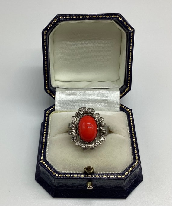 Czech Glass Coral Ring Silver Tone Fancy Setting Adjustable 1930’s