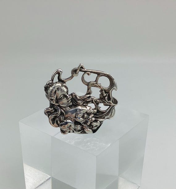 Art Nouveau Revival Brooch  Lady's Head and Shoulders Hallmarked Solid Silver Signed SWJ Dated 1986 50th Anniversary Birthday