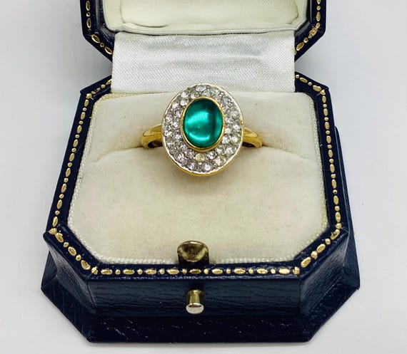 Attwood and Sawyer Swarovski Crystal Ring Emerald Vintage Signed 1970