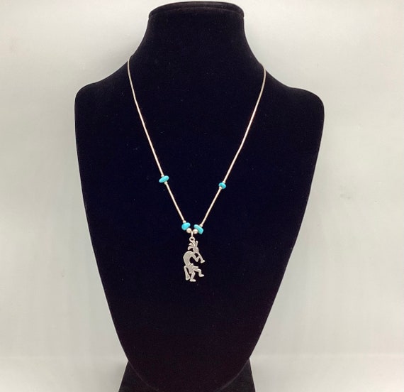 Native American Necklace Liquid Silver Turquoise Kokopelli Unisex Luck Vintage December Birthstone