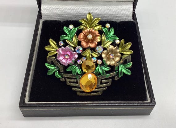 Stunning Vintage Brooch Colourful Crystal and Enamel Flower Basket Giardinetti