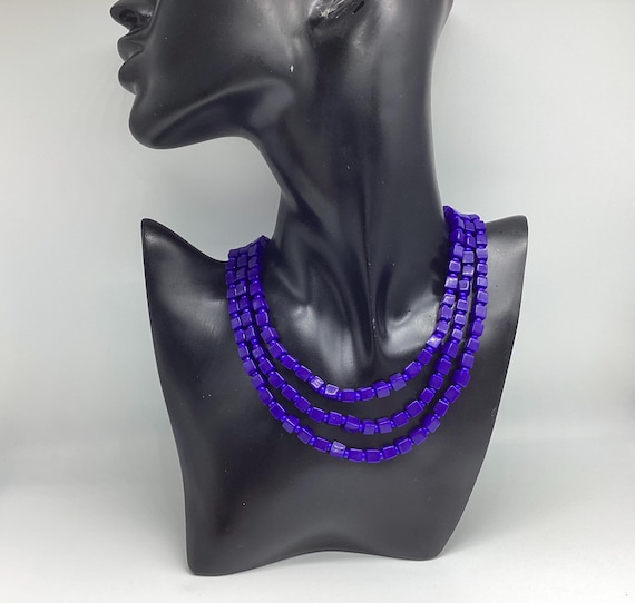 Flapper Length Deep Purple Blue Square Bead Necklace 1980s 50 inches