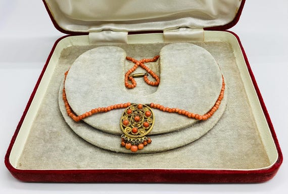 Antique Victorian Salmon Red Coral Necklace with Pendant