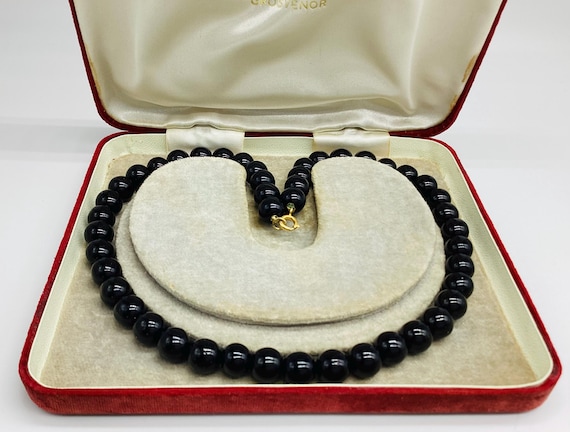 Superb Vintage French Jet Glass Bead Necklace 1940s Style Revival Beautiful Condition 18 Inches Princess Length
