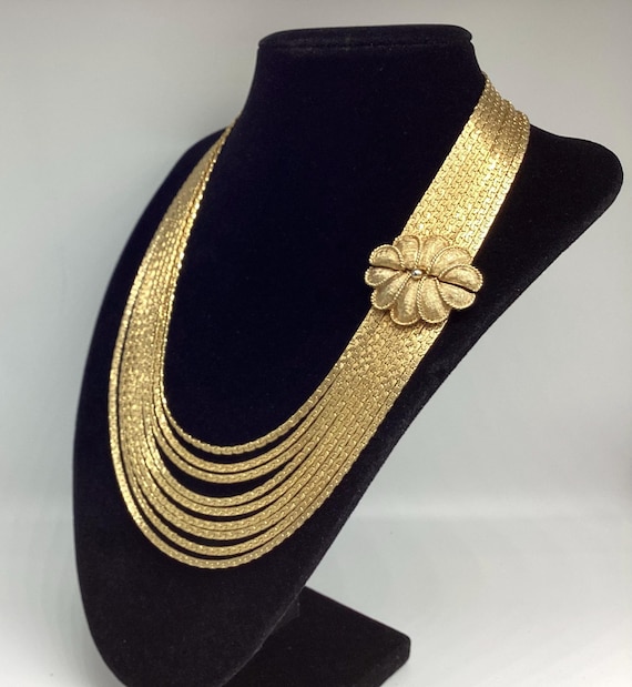 Vintage 1970s Gold Tone Multi Strand Necklace with Floral Clasp | Couture Style Statement Jewellery