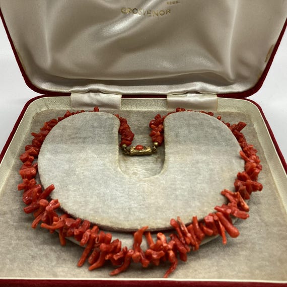 Salmon Red Polished Coral Necklace Pretty Fancy Beaded Clasp Choker 16 inches