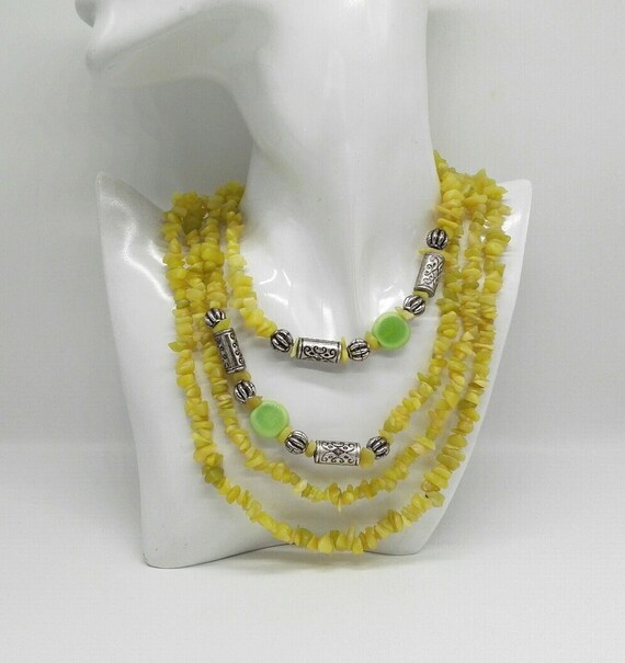 Lemon Quartz Extra Long Necklace 80 inches Silver and Porcelain Beads Vintage